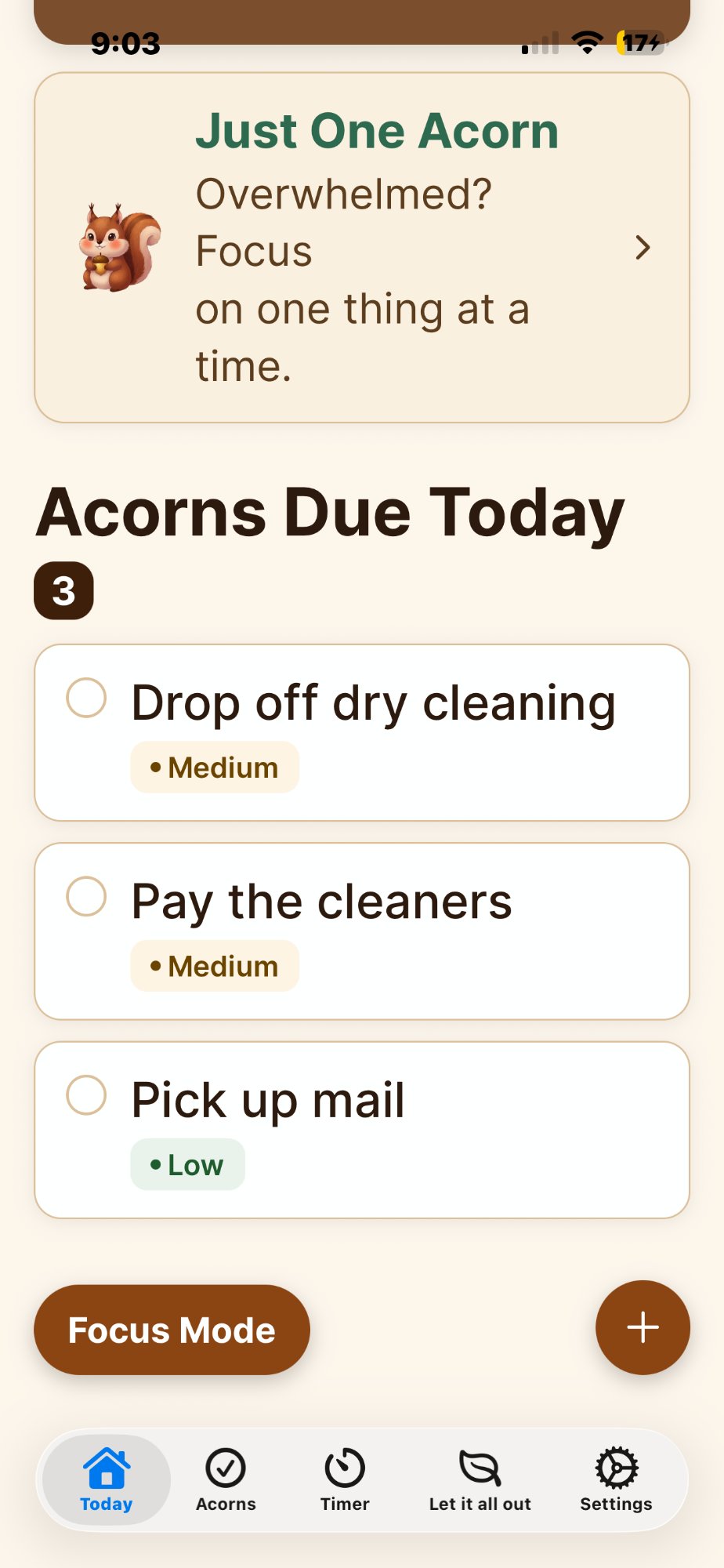 Acorns Due Today list with priority tags