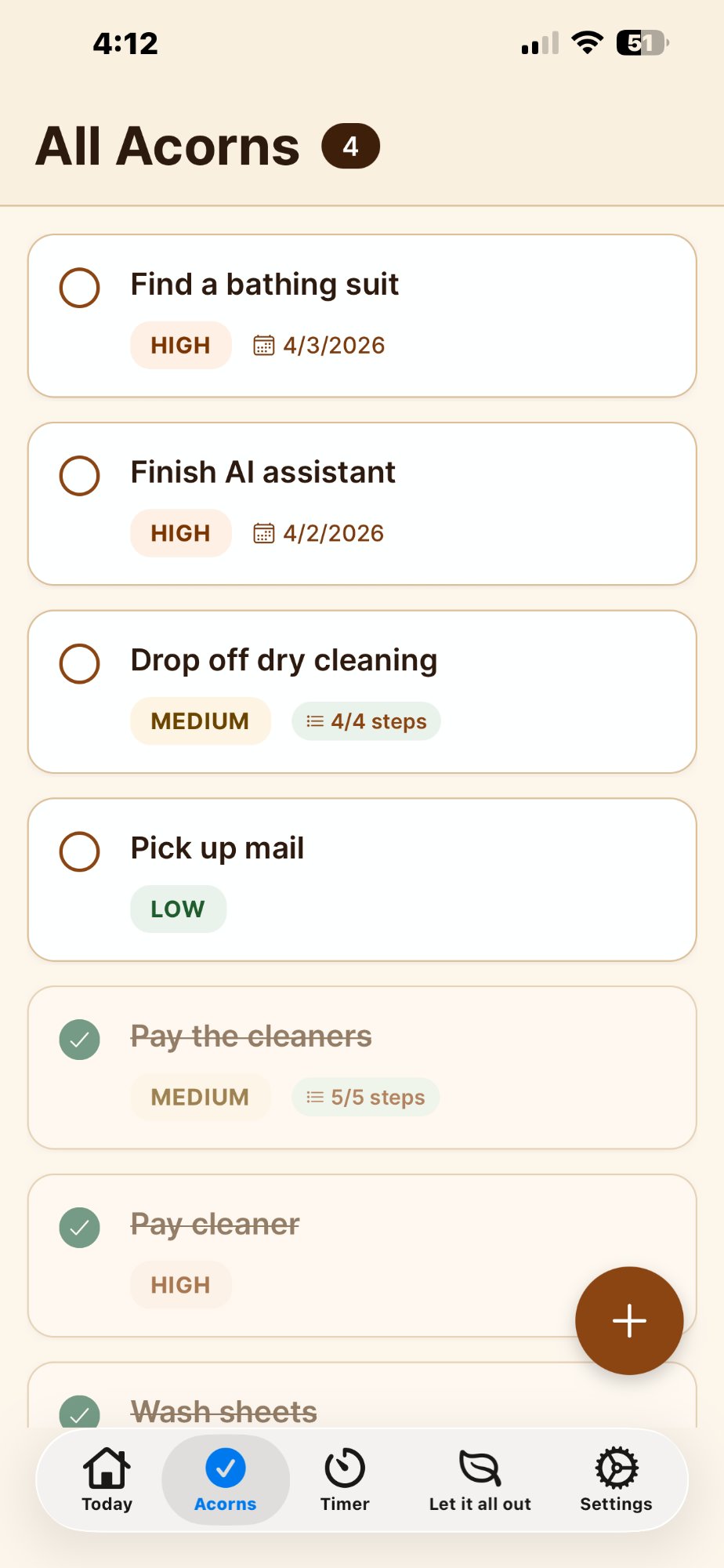 All Acorns list showing tasks with priority badges and completion status