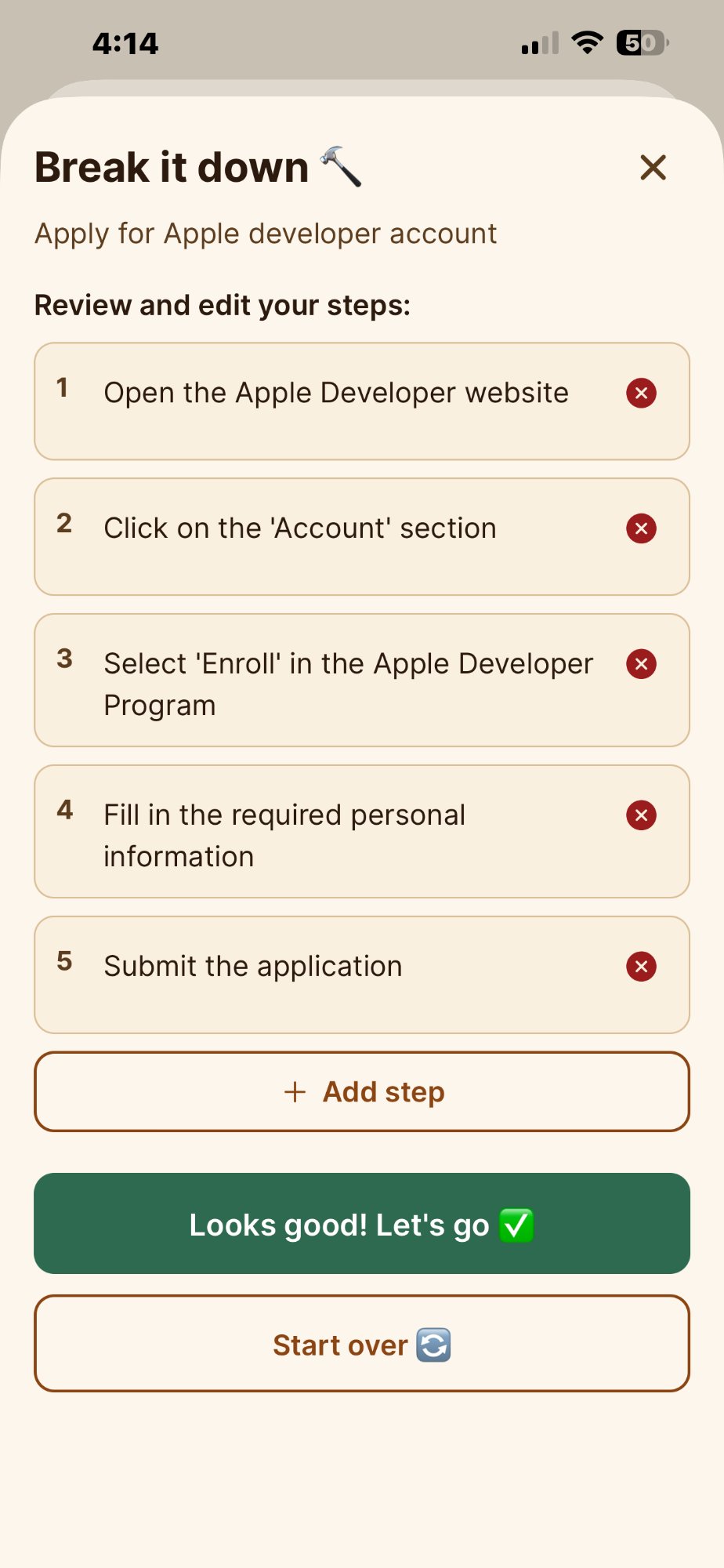 Break it Down screen showing numbered steps for a task