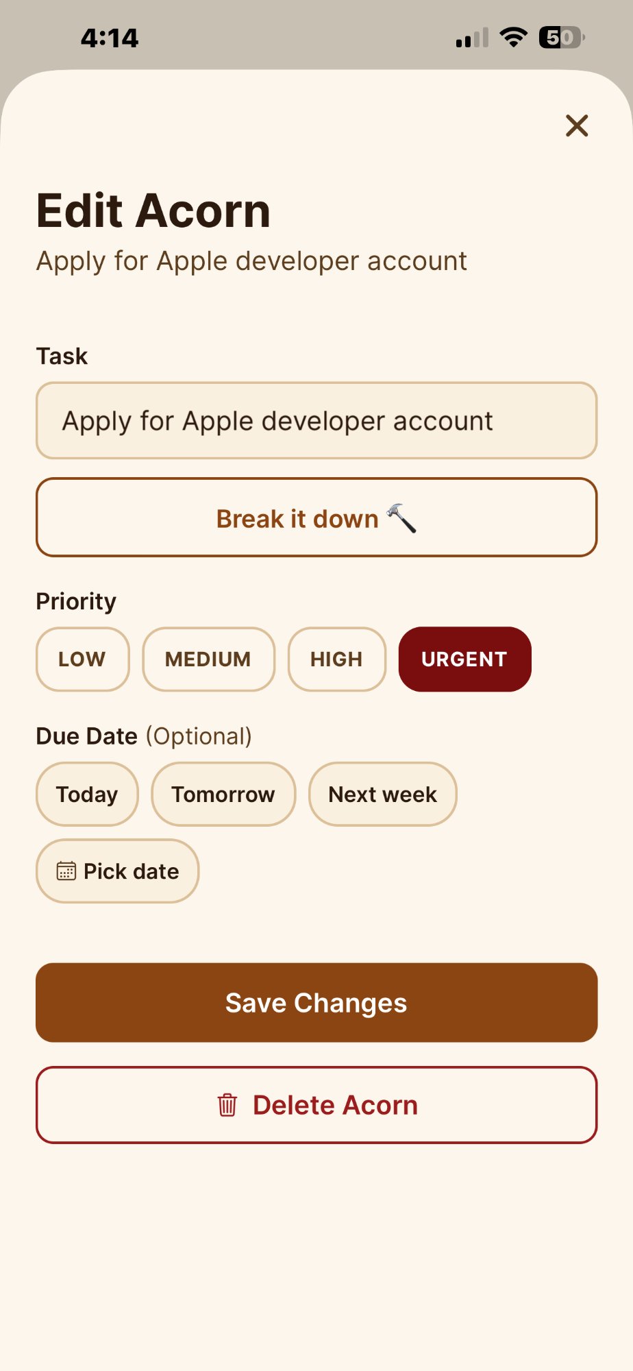 Edit Acorn screen showing task details with Break it Down button