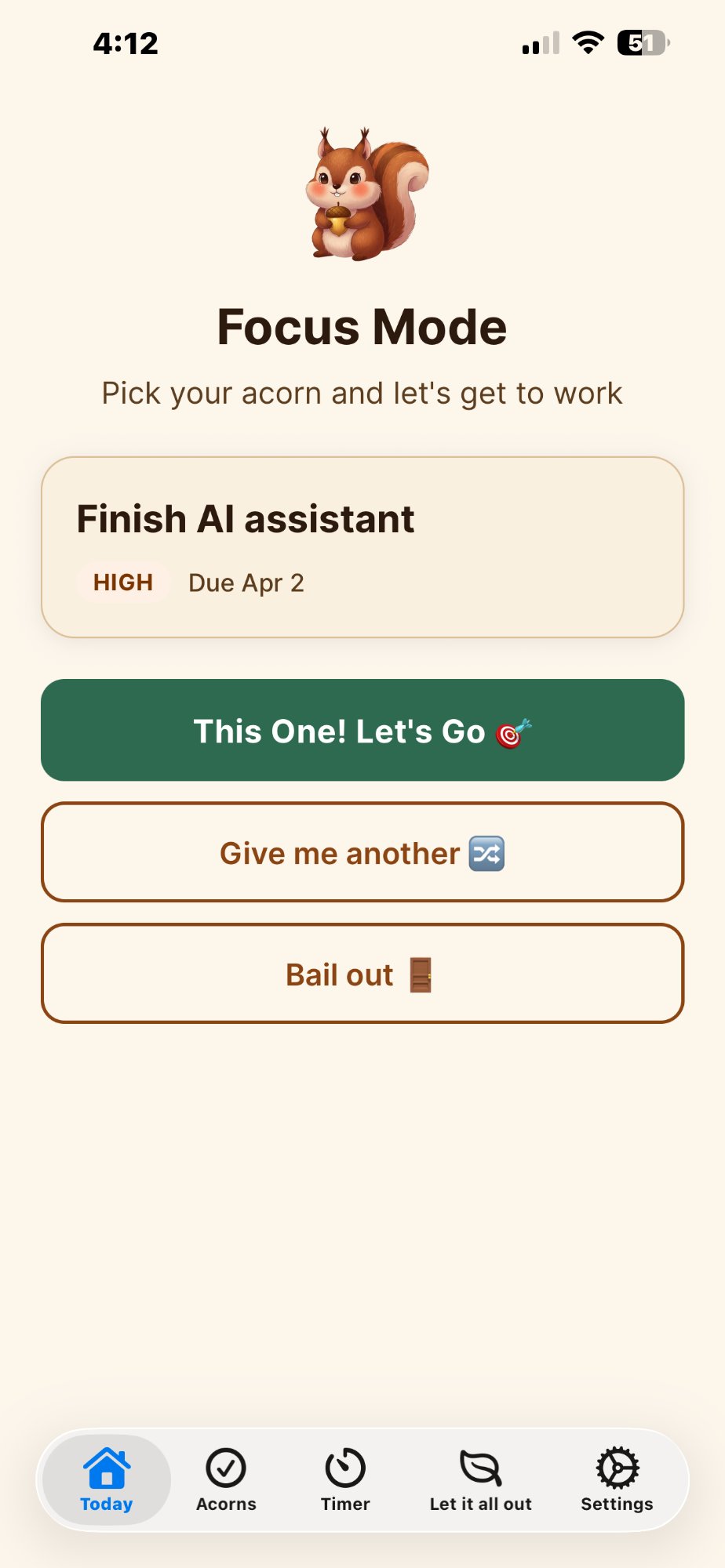 Focus Mode screen showing task selection with Let's Go button