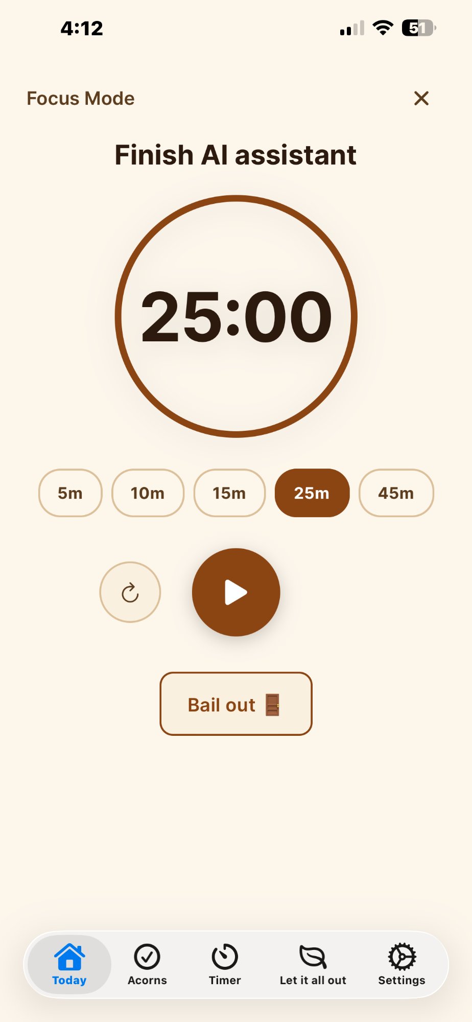 Pomodoro timer showing 25 minutes with time interval options