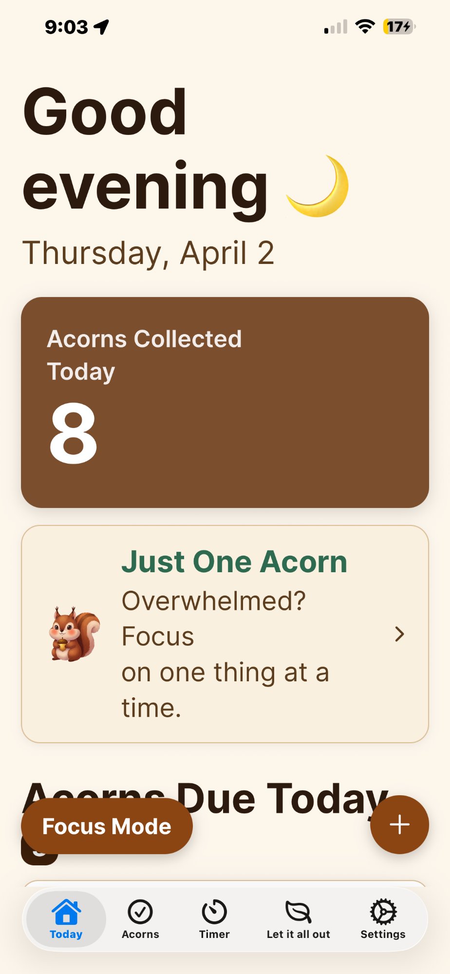 Today view showing Acorns Collected and Just One Acorn card