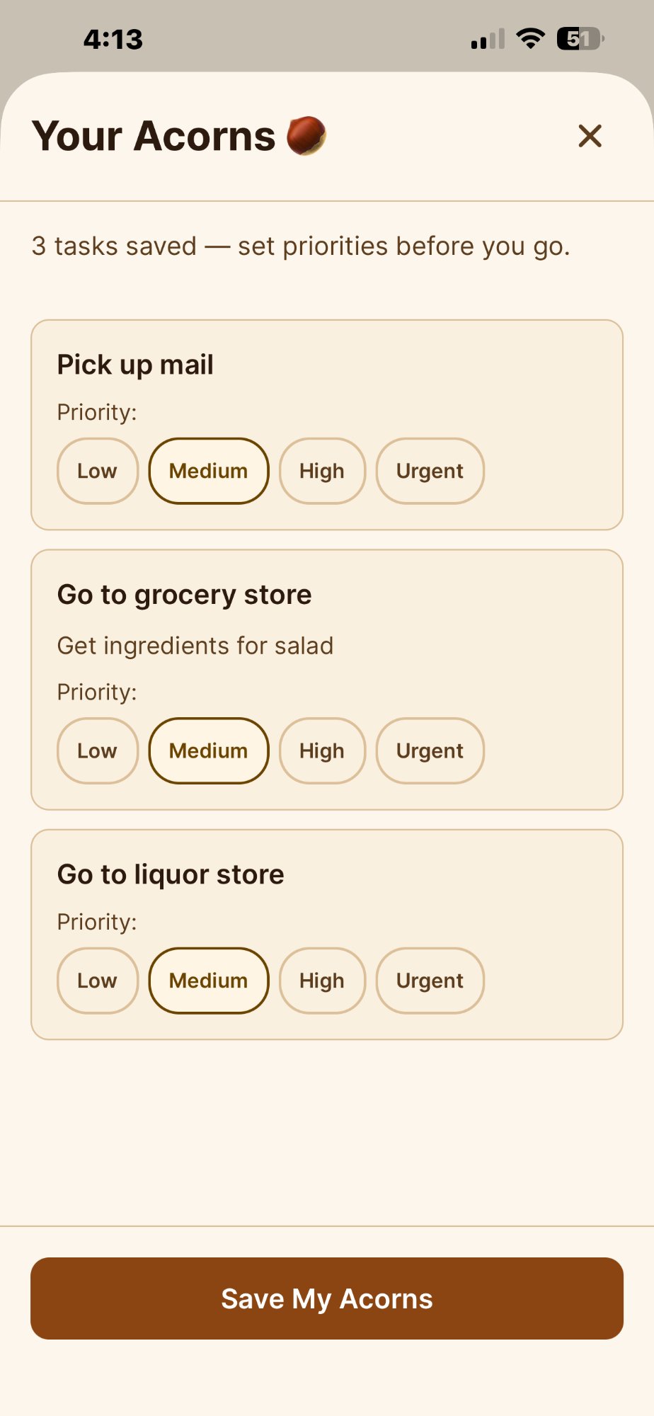 Your Acorns sheet showing extracted tasks with priority selectors